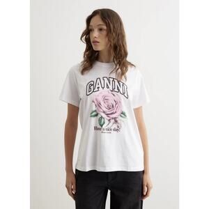 NWT Ganni White Basic Jersey Rose Relaxed Graphic T-shirt Size XS